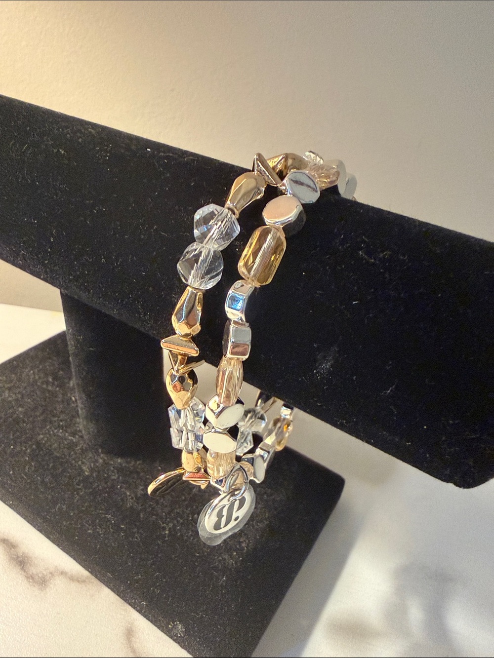 Bomb Party Gold and Clear Beaded Stacking with gold and silver tone Bracelet